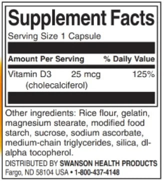 Swanson Vitamin D3 – 1000 IU – 30 Kapsel